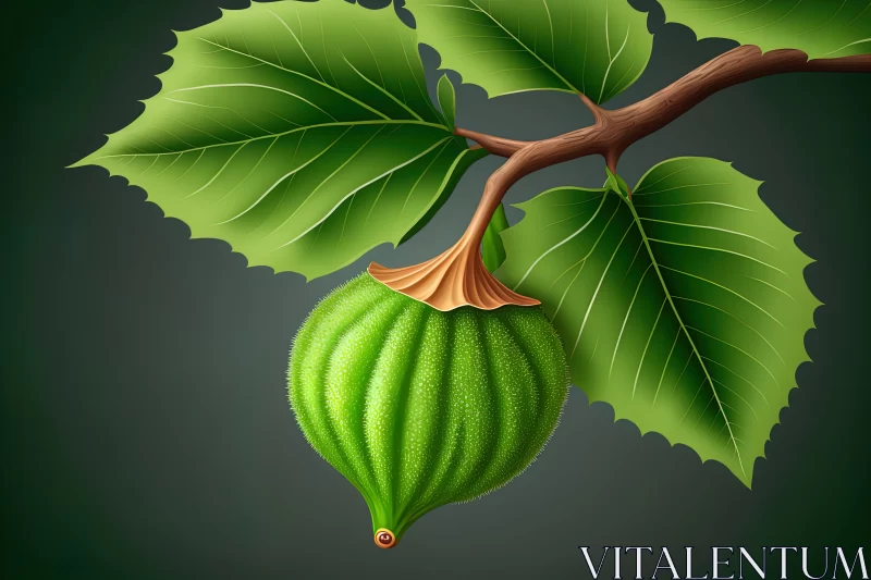 A Ripe Fig Hanging from a Branch Adorned with Green Leaves AI Image