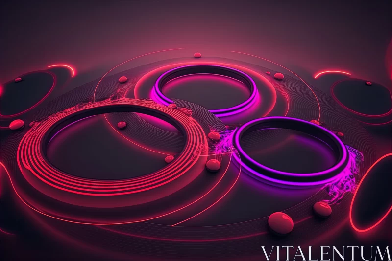 Radiant Reverie: Glowing Neon Red and Purple Circles, Rings, and Lines with Ground Reflections AI Image