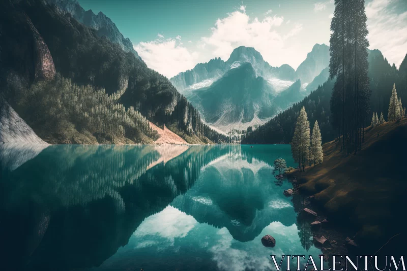 Calm and Serene: Gorgeous View of Clearwater Blue Lake Surrounded by Mountains AI Image
