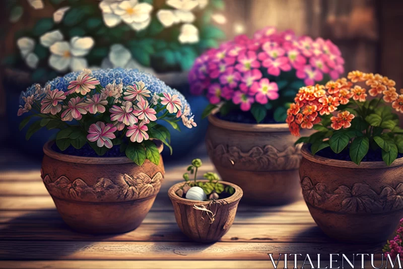 Captivating Elegance: Beautiful Flowers in Pots, Closeup on Wooden Table AI Image