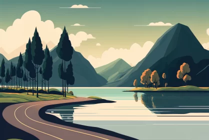 Scenic Journey: Road, Lake, Trees, and Majestic Mountain in a Breathtaking Landscape
