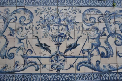 The Image Of White And Blue Painted Tiles Is A Beautiful Representation Of Folk Portuguese Motif