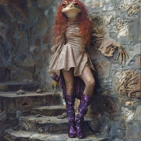 A full body hyper realistic oil painting of an anthropomorphic female frog with long red hair