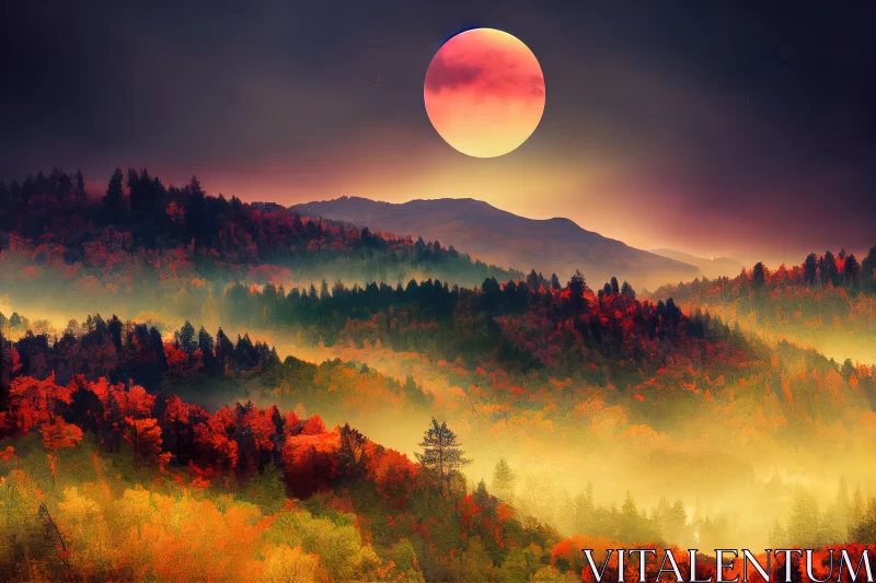 Cycle of Transcendence: Day and Night Time Change Concept Amidst a Forest in Red Foliage AI Image