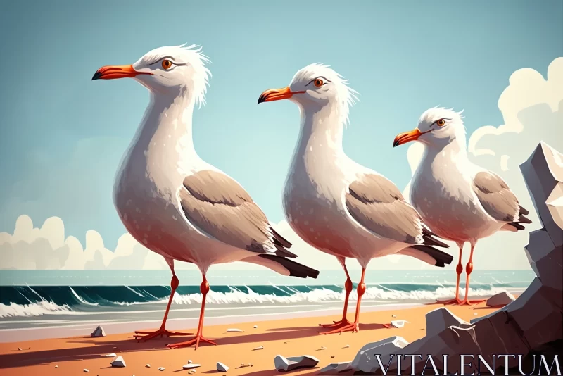 Seaside Watchers: Row of Seagulls Observing the Bustle of Beachgoers AI Image