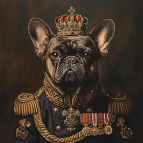 Oil painting of an anthropomorphic French Bulldog as the King