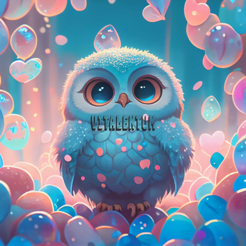 Adorable Bluish Baby Owl Enchanted By Sparkling Bubbles AI Image