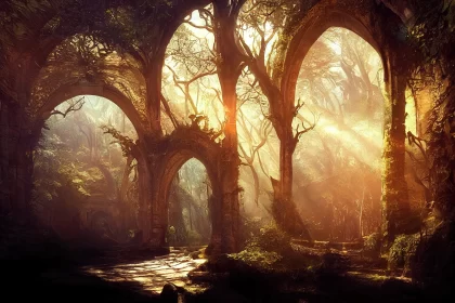 Gateway to Mystery: Large Arch-Shaped Windows in the Dark Mystical Forest AI Image