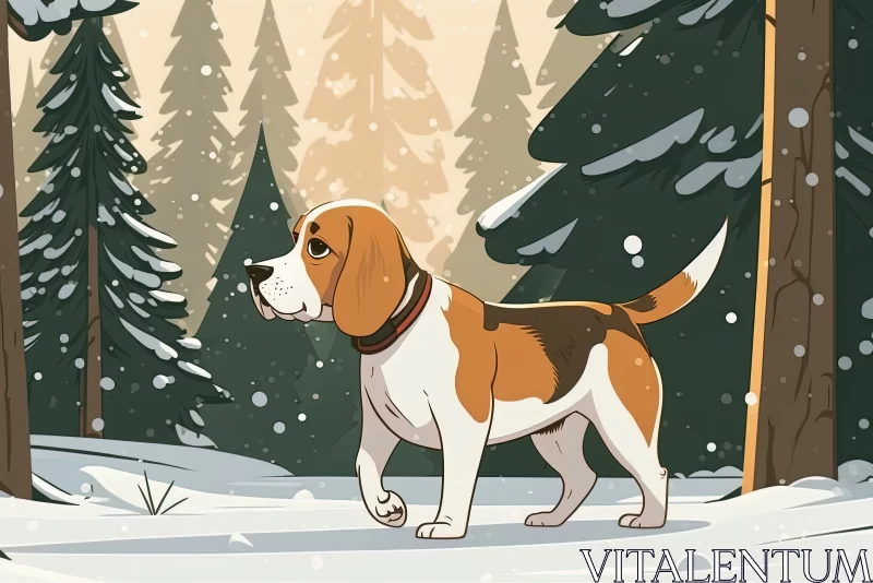 AI ART Winter Wonderland Strolls: Cute Beagle Dog in the Forest