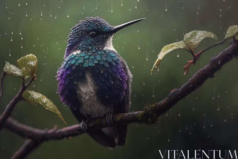 Rainy Serenade: Indigo-Capped Hummingbird Perched on Tree Branch during the Rain AI Image