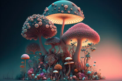 Otherworldly Glow: Fantastical Mushrooms, Flowers, and Trees from Another Planet Illuminate in Soft  AI Image