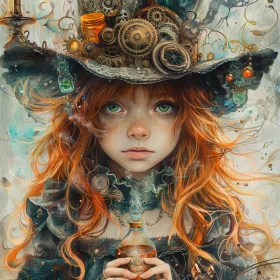 A girl with red hair and green eyes wearing an ornate steampunk hat, holding up her magic potion
