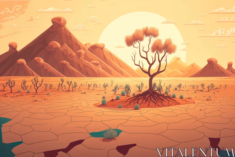AI ART Majestic Desert Landscape: Rare Trees, Grasses, Hot Sun, and Mountains
