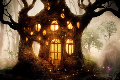 Enchanted Dwelling: Fantasy House in an Old Tree, Home to Magical Elves or Gnomes, Radiating with Lu AI Image