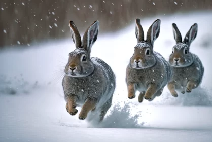 Snowy Rabbit Chase: Gray Rabbits Running Wild in the Snow AI Image
