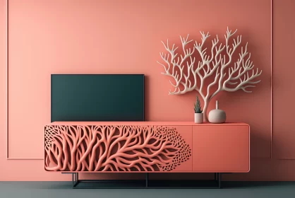 Modern Living Room with Calming Coral Wall and Stylish TV Cabinet