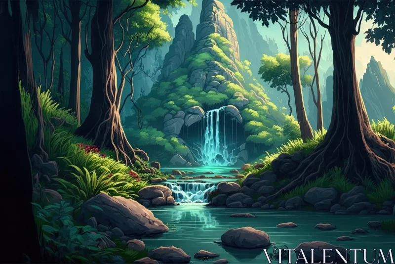 Summer's Serenade: Animated 2D Vibrant Green Forest Waterfall AI Image