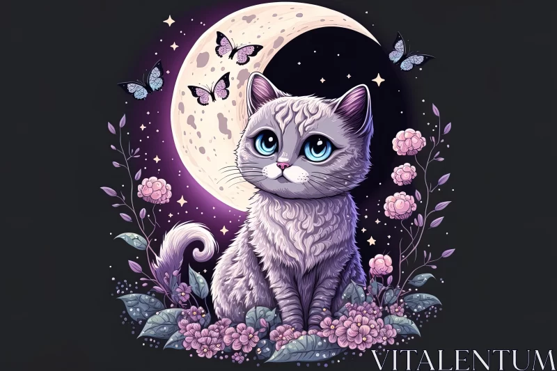Moonlight Serenade: Gray Cute Kitty Sits on the Moon Amid Delicate Pink and Purple Butterflies AI Image