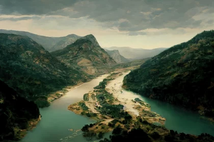 Majestic Beauty: Breathtaking View of the Main River in France Amidst Mountains and Green Hills