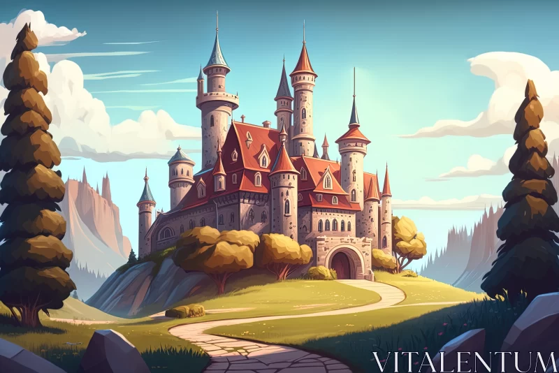 Enchanting Fantasy Realm: Digital Art Illustration of a Castle, Hill, and Trees AI Image