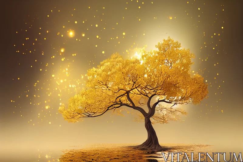 Gilded Enchantment: Captivating Fantasy Illustration of a Golden Tree AI Image