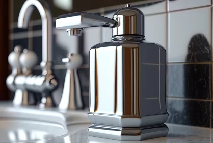 Contemporary Elegance: Closeup of Shiny Modern Faucet and Soap Dispenser in a Bathroom