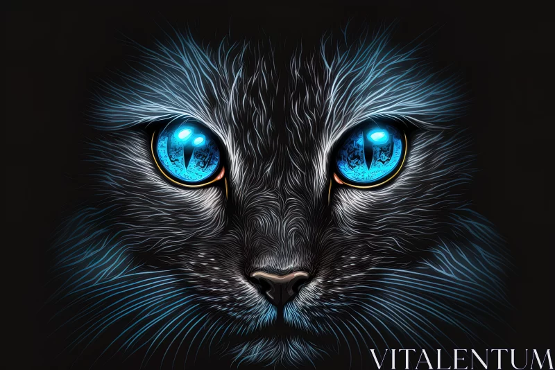 AI ART Mystical Allure: Magic Cat with Glowing Neon Blue Eyes on Black Background
