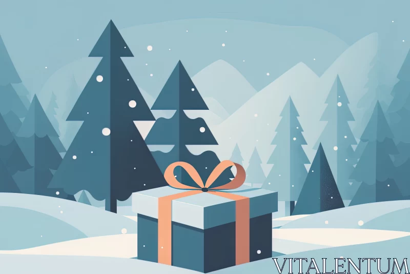 Cartoon Christmas Gift Box in a Winter Forest Wonderland AI Image