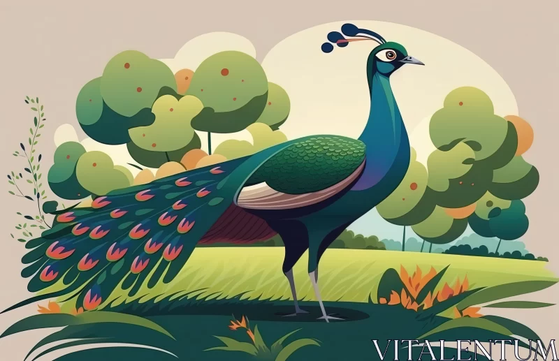 Grace in Motion: Cartoon Peacock Strutting Elegantly Across a Green Meadow AI Image