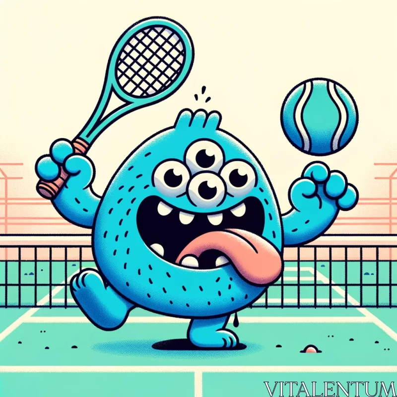 Chubby blue monster with four eyes playing tennis AI Image