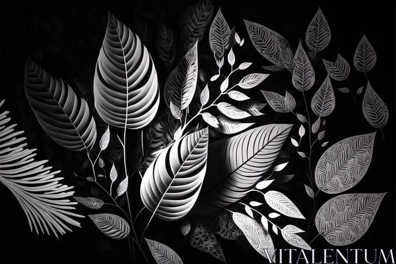 AI ART Monochrome Elegance: Abstract Nature Background with Textured Leaves