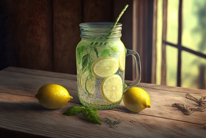 Zesty Delight: Glass of Fresh Lemonade in a Jar, Surrounded by Lemons AI Image