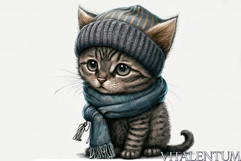 Winter Street Fashion: Cartoon-like Gray Striped Kitten in Hat and Scarf AI Image