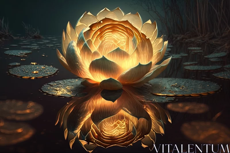 Nighttime Oasis: Reflective Golden Lotus Rose Blooms in Swamp AI Image