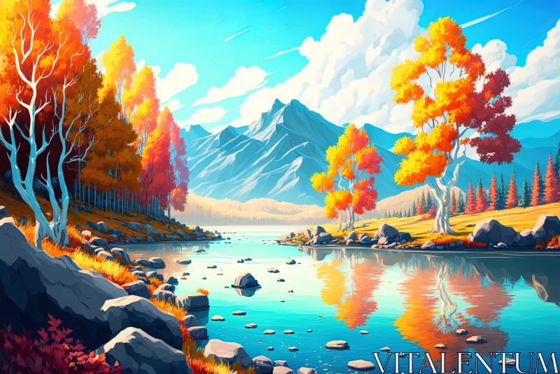 Autumn Splendor: Vibrant Fantasy Landscape with Colorful Forest, Blue River, Majestic Mountains, and AI Image
