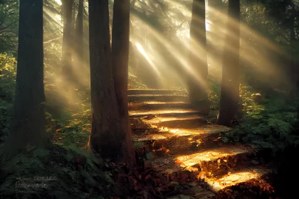 Glimmering Path: Sunlit Staircase in Enchanting Forest