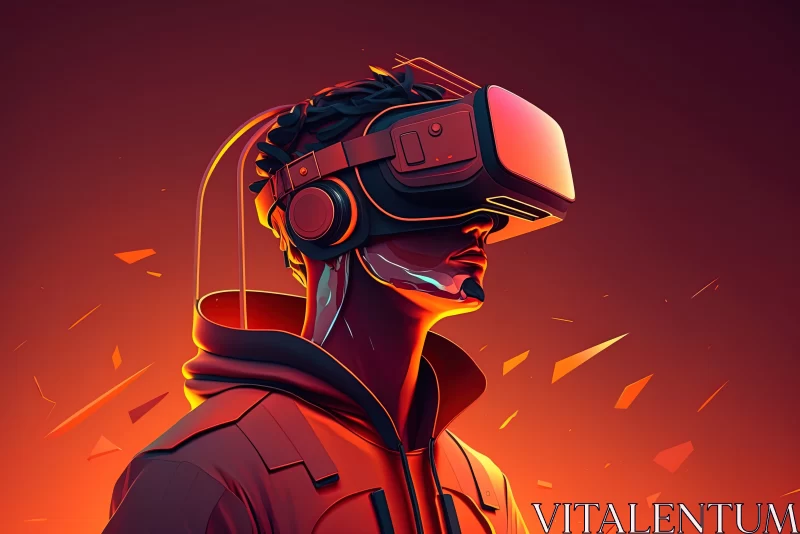 Virtual Reality Adventure: Futuristic Man Wearing 3D VR Headset Glasses AI Image