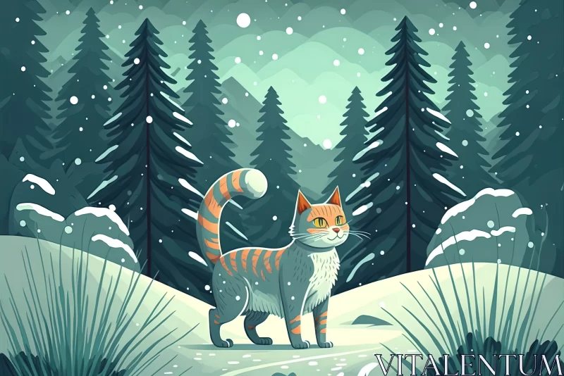 Winter Wanderlust: Cute Cartoon Cat Wandering in the Winter Forest AI Image