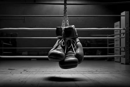 Grit and Determination: Boxing Gloves Suspended in Monochromatic Stillness AI Image