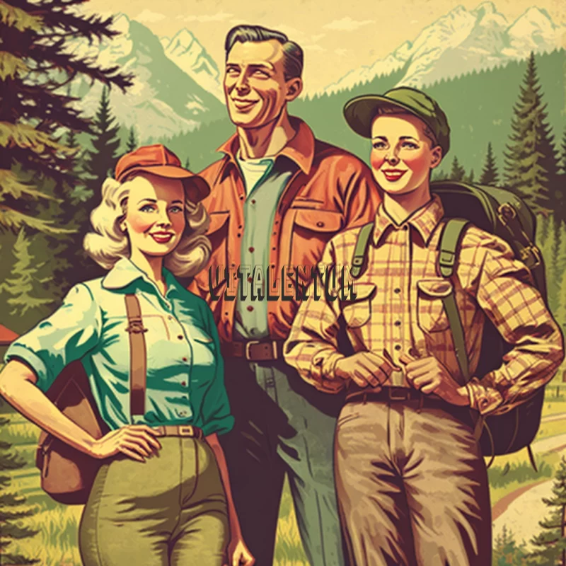 A Vintage Poster Of A Happy Family Going Out To The Mountains AI Image