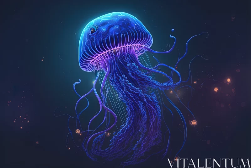 Celestial Symphony: Glowing Neon Jellyfish in a Galaxy-like Blue Sea AI Image