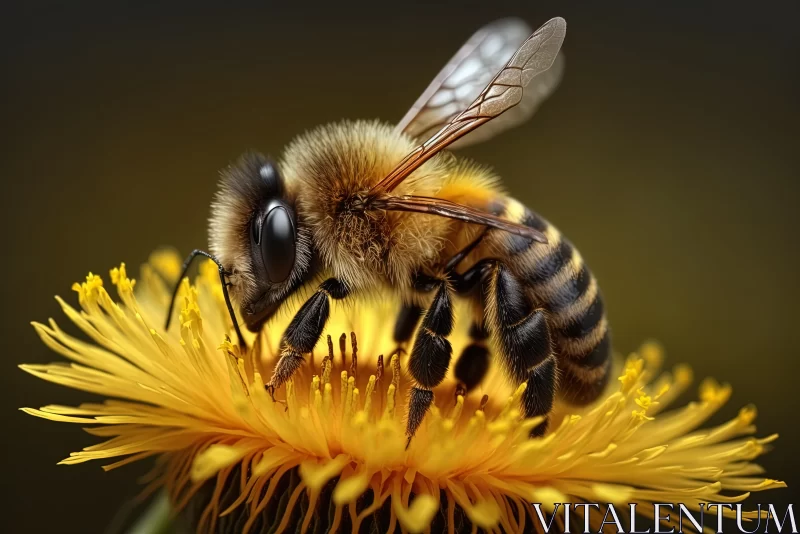 Nature's Harmony: Bee Collecting Nectar on a Dandelion Flower AI Image