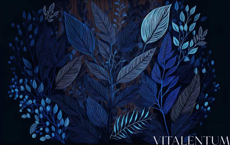 AI ART Mystical Harmony: Dark Blue Abstract Leaves Flower Wooden Background