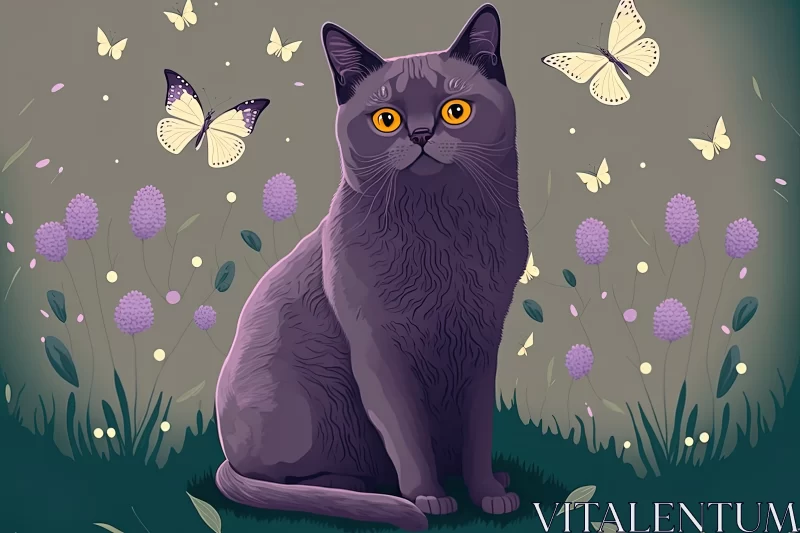 Whimsical Harmony: Cute Gray Cat and Lilac Butterflies Amidst a Serene Grassland AI Image