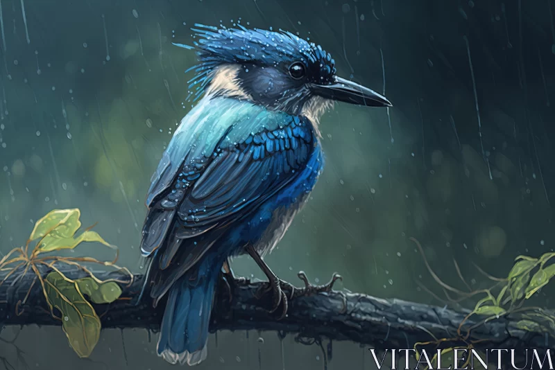 Rainy Elegance: Portrait of a Blue Exotic Bird Perched on a Tree Branch in a Forest on a Rainy Day AI Image