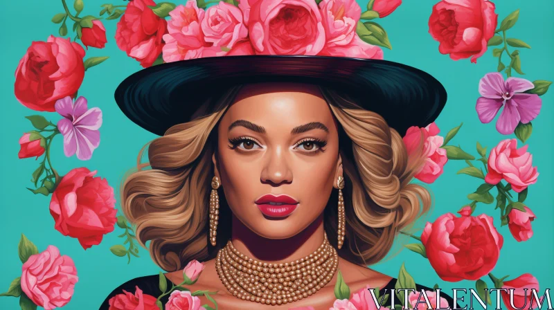 The AI portrait of Beyoncé. Cute illustration with pink roses. AI Image