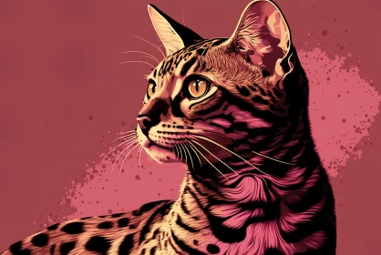 Gaze of Intrigue: Detailed Brown Bengal Cat Looking Away on Pink Background