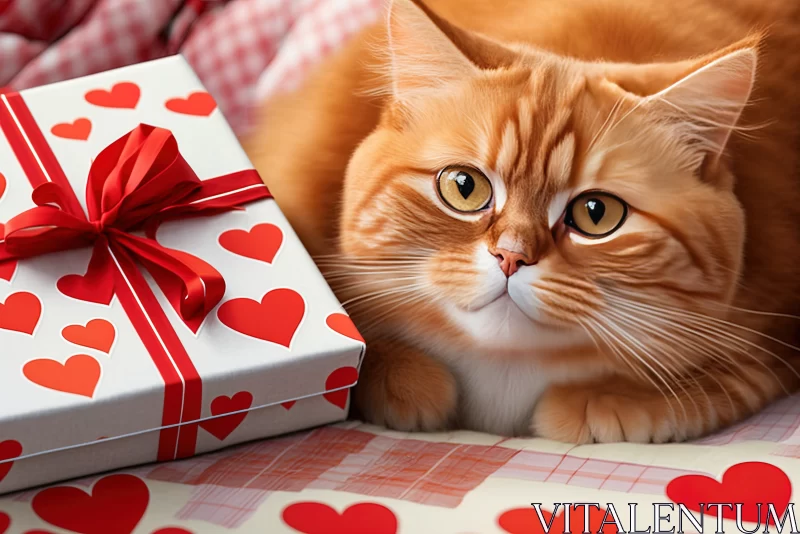 Heartwarming Affection: Ginger Cat Surrounded by Red Hearts and Gift with a Red Bow AI Image