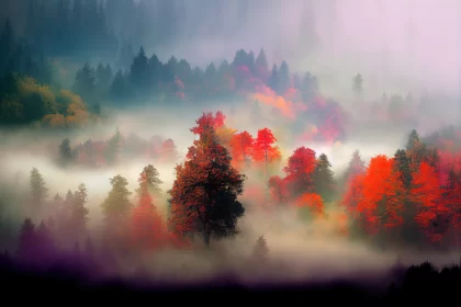 Enchanting Dreamscapes: Colourful Forest with Dreamy Fog