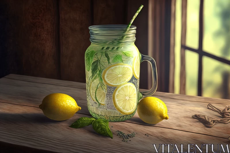 AI ART Zesty Delight: Glass of Fresh Lemonade in a Jar, Surrounded by Lemons